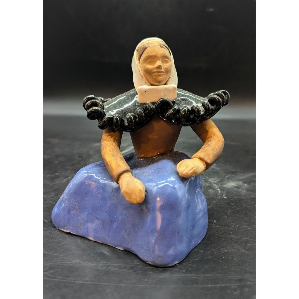 Studio Pottery Folk Art Figurine Seated Woman in Traditional Dress Signed 5"